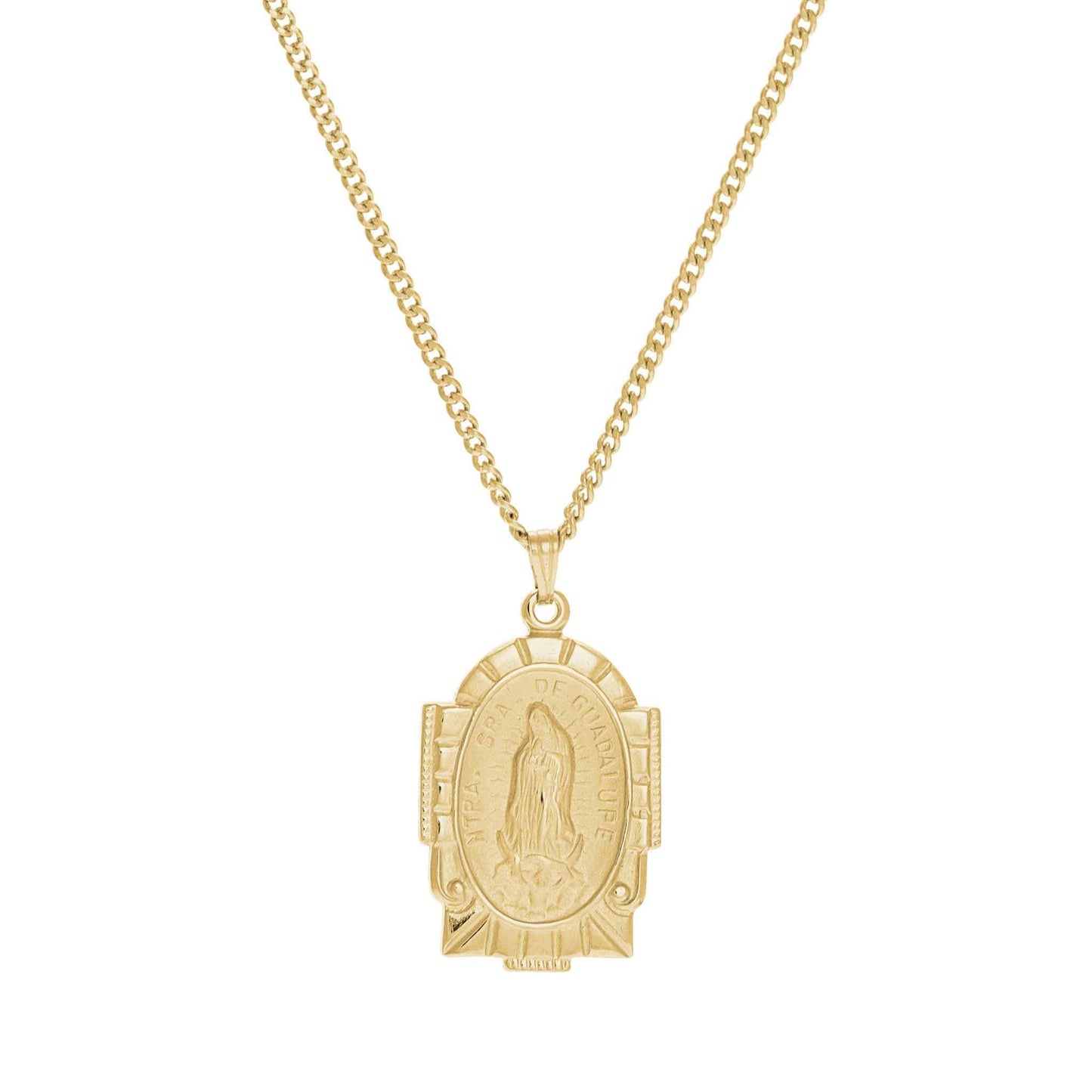 A our lady of guadalupe medal displayed on a neutral white background.