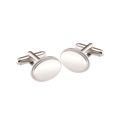 A oval cufflinks with beaded edge displayed on a neutral white background.