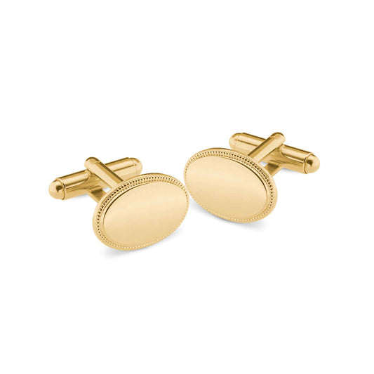 A oval cufflinks with beaded edge displayed on a neutral white background.