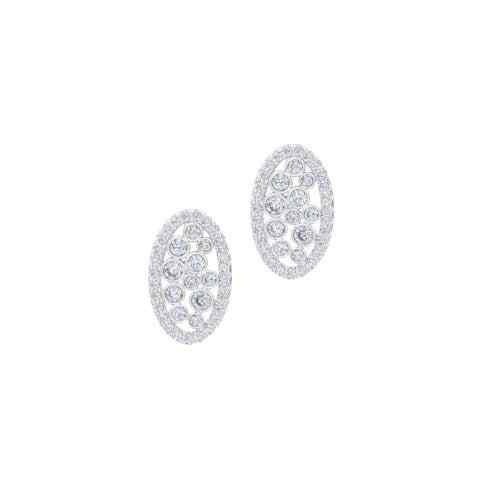 A oval simulated diamond earrings displayed on a neutral white background.