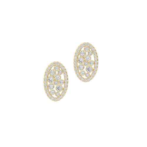A oval simulated diamond earrings displayed on a neutral white background.