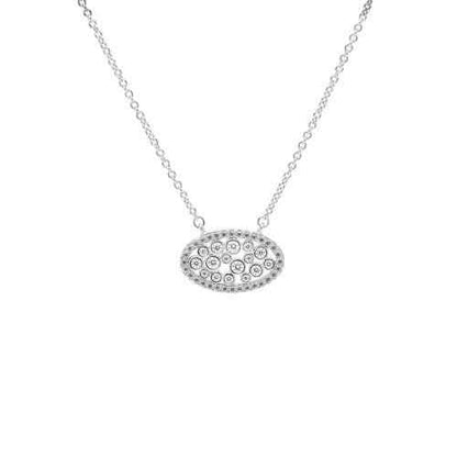 A oval simulated diamond necklace displayed on a neutral white background.