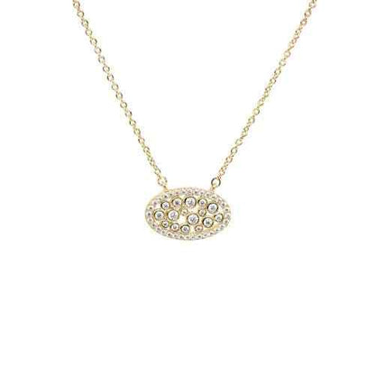 A oval simulated diamond necklace displayed on a neutral white background.