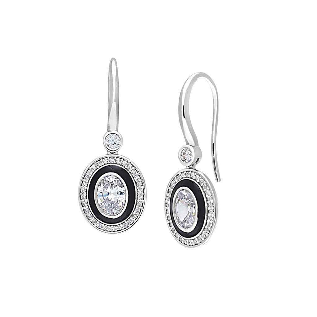 A oval halo earrings with black enamel and simulated diamonds displayed on a neutral white background.