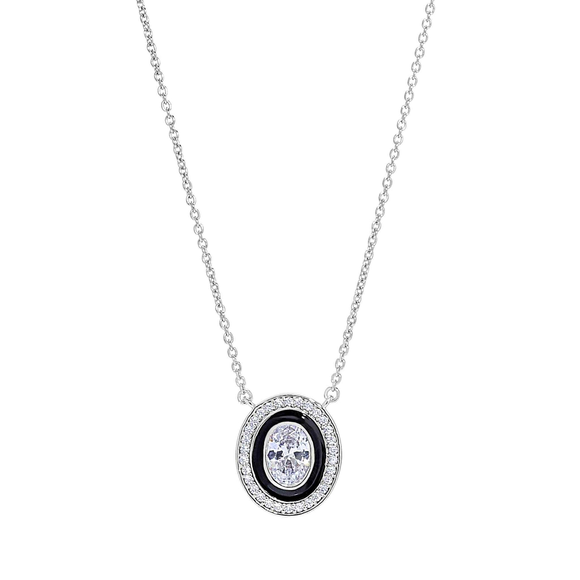 A oval halo necklace with black enamel and simulated diamonds displayed on a neutral white background.
