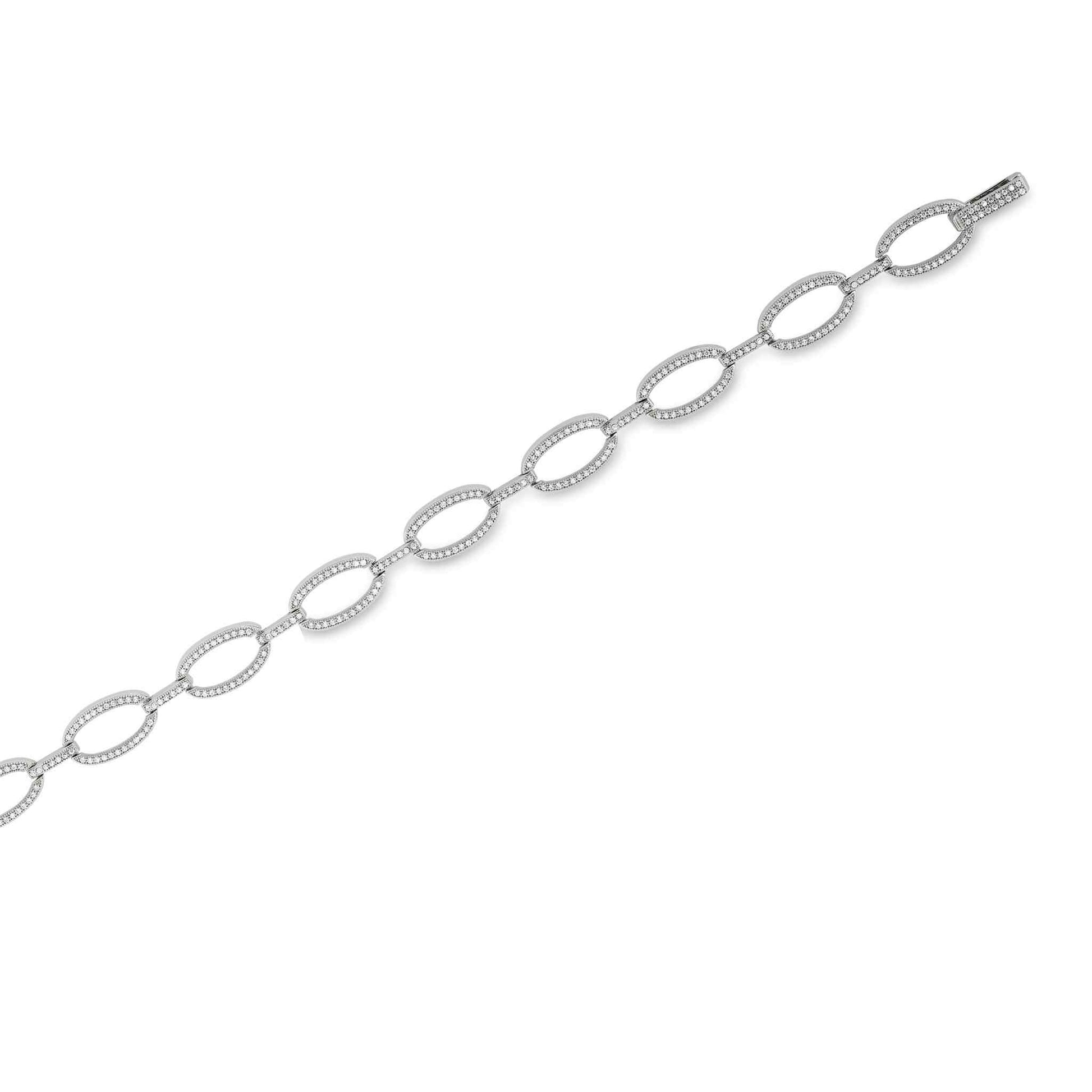 A oval link bracelet with simulated diamonds displayed on a neutral white background.