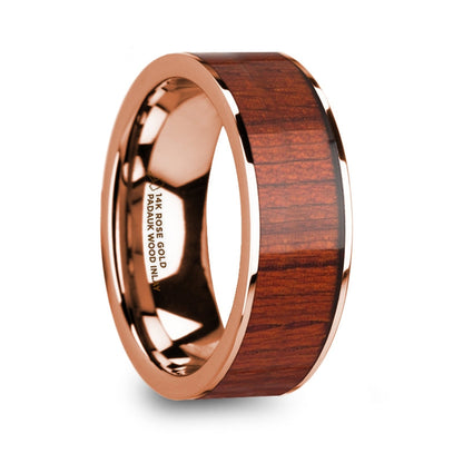 Padauk Wood Inlay 14k Rose Gold Men's Wedding Band