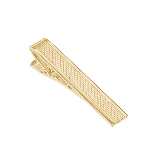 A patterned tie bar displayed on a neutral white background.