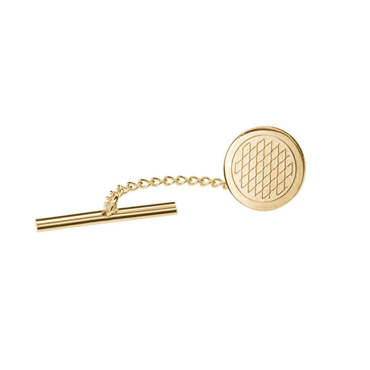 A patterned tie tack displayed on a neutral white background.