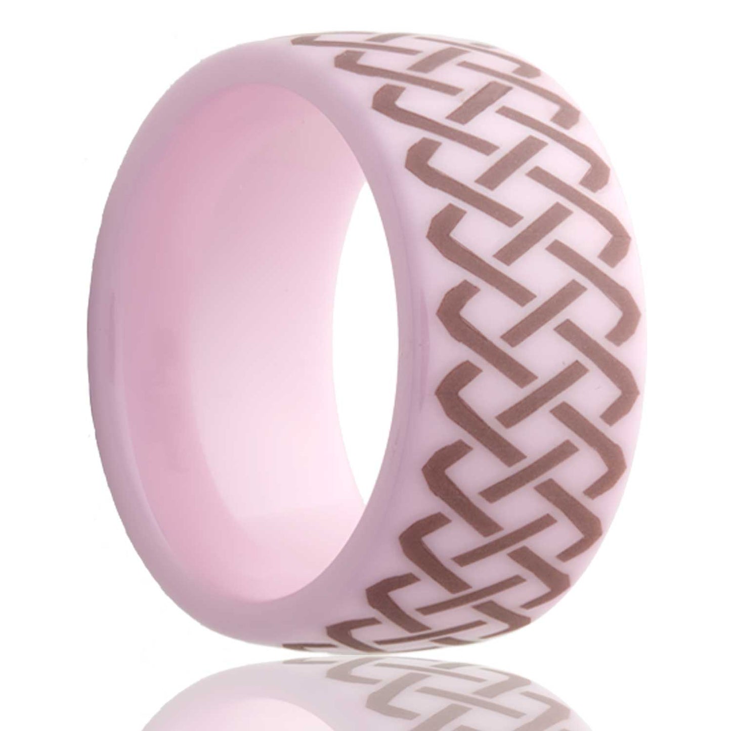 A celtic sailor's knot domed pink ceramic men's wedding band displayed on a neutral white background.