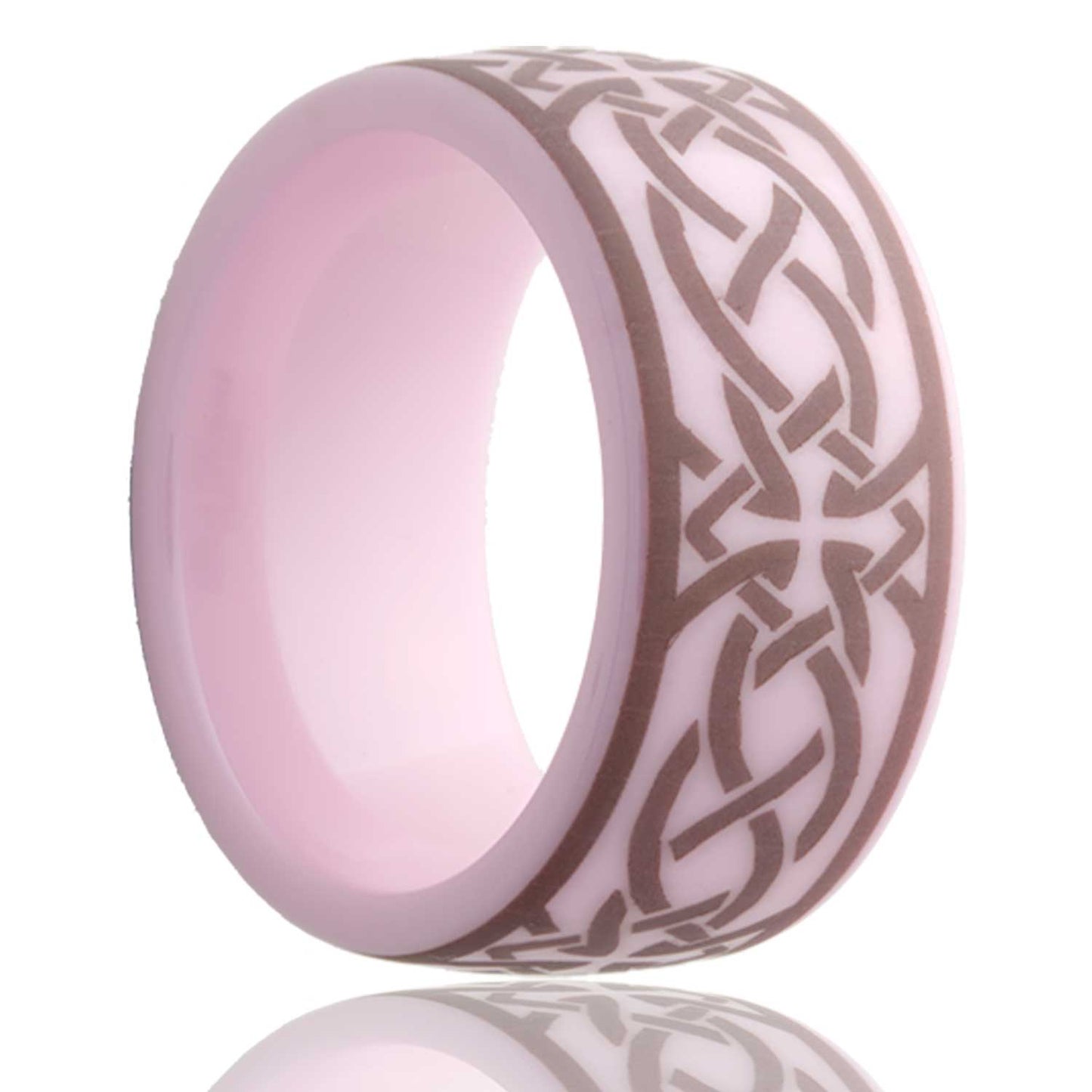 A celtic cross knot domed pink ceramic men's wedding band displayed on a neutral white background.