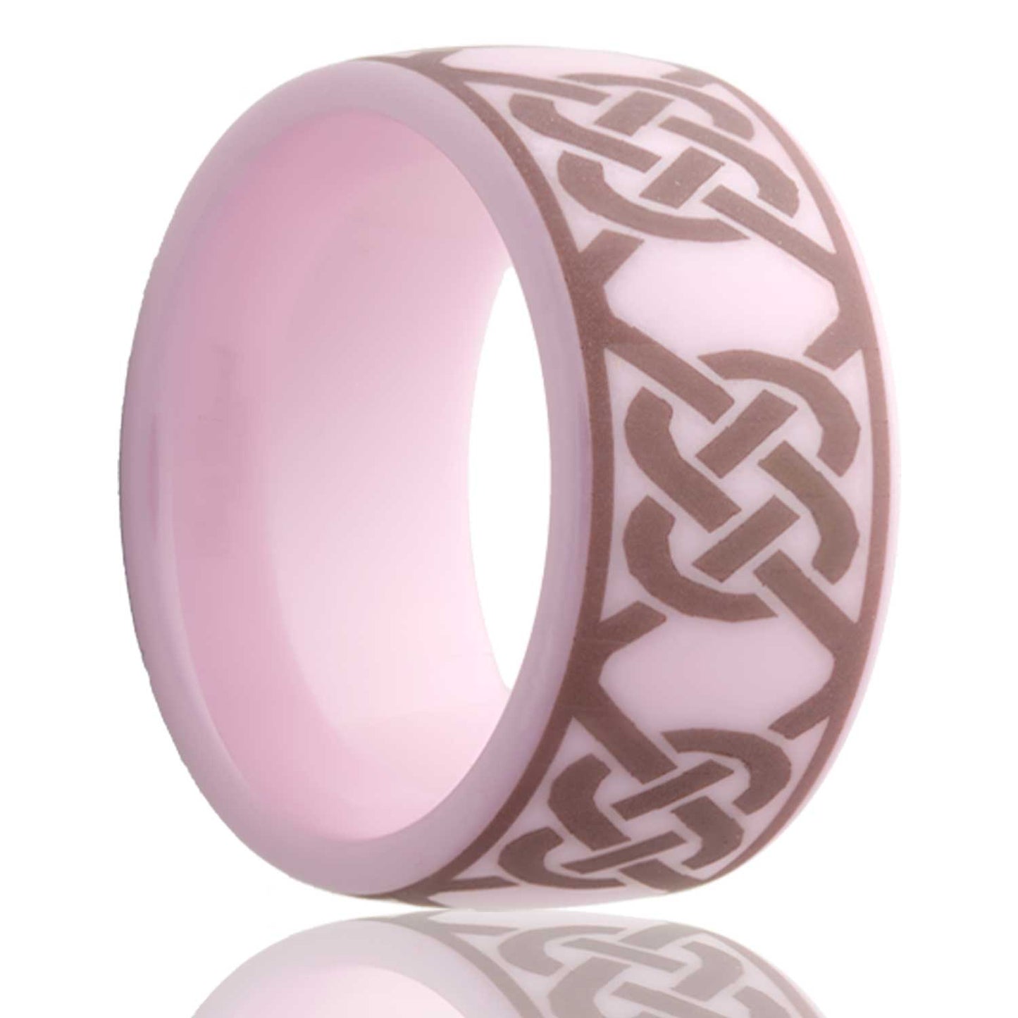 A celtic twist knot domed pink ceramic men's wedding band displayed on a neutral white background.
