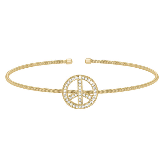 A peace sign bracelet with flexible cable & simulated diamonds displayed on a neutral white background.