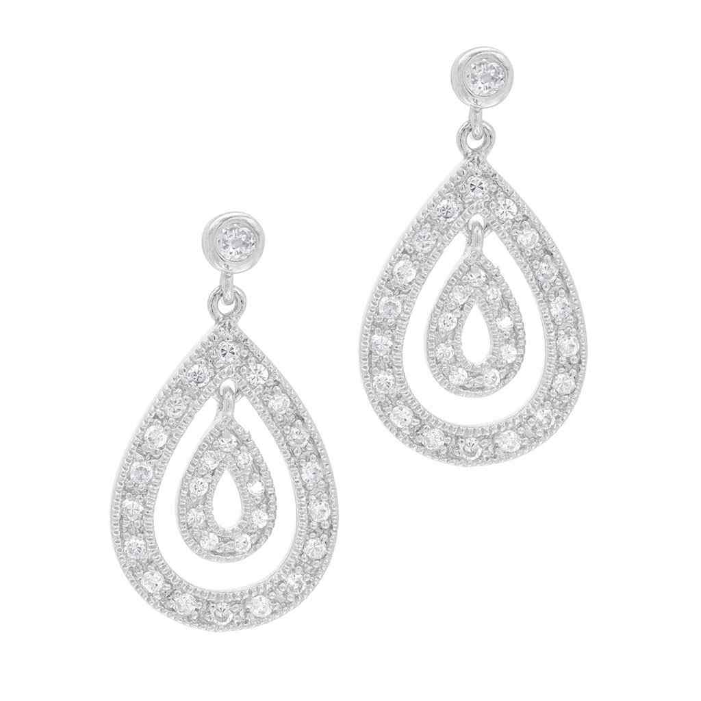 A pear shape pave chandelier earrings displayed on a neutral white background.