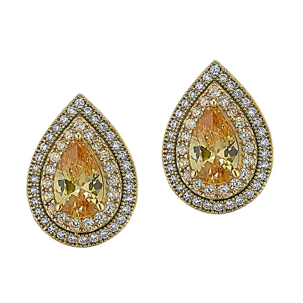 A pear shaped earrings with simulated diamonds displayed on a neutral white background.