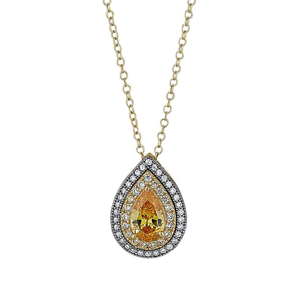 A pear shaped necklace with simulated diamonds displayed on a neutral white background.
