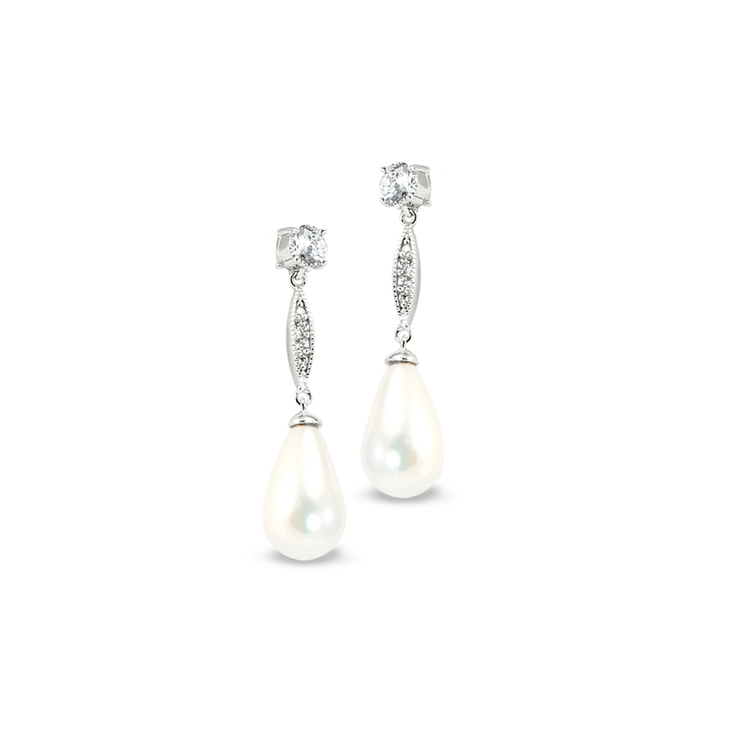 A pearl drop earrings with simulated diamonds displayed on a neutral white background.