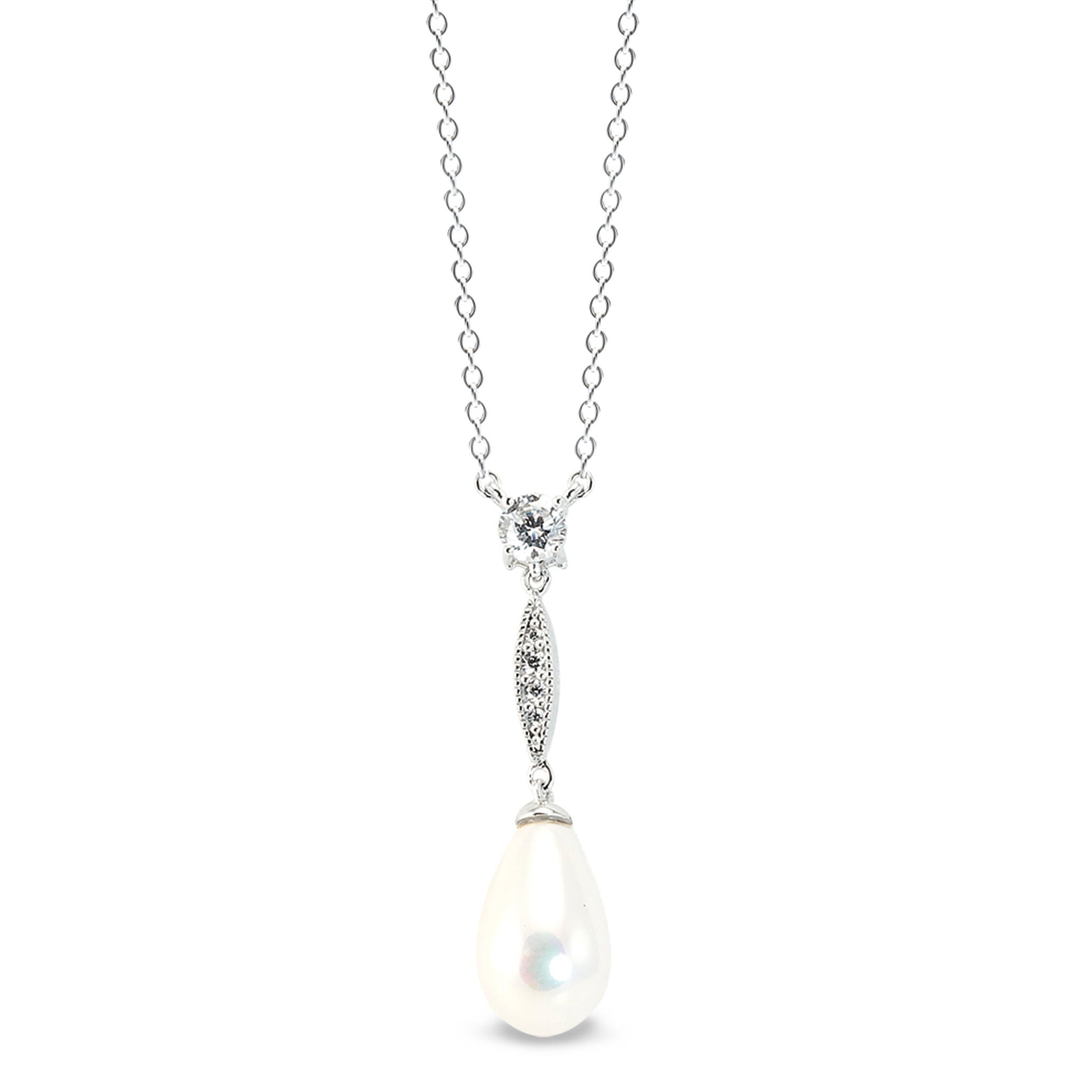 A pearl drop necklace with simulated diamonds displayed on a neutral white background.