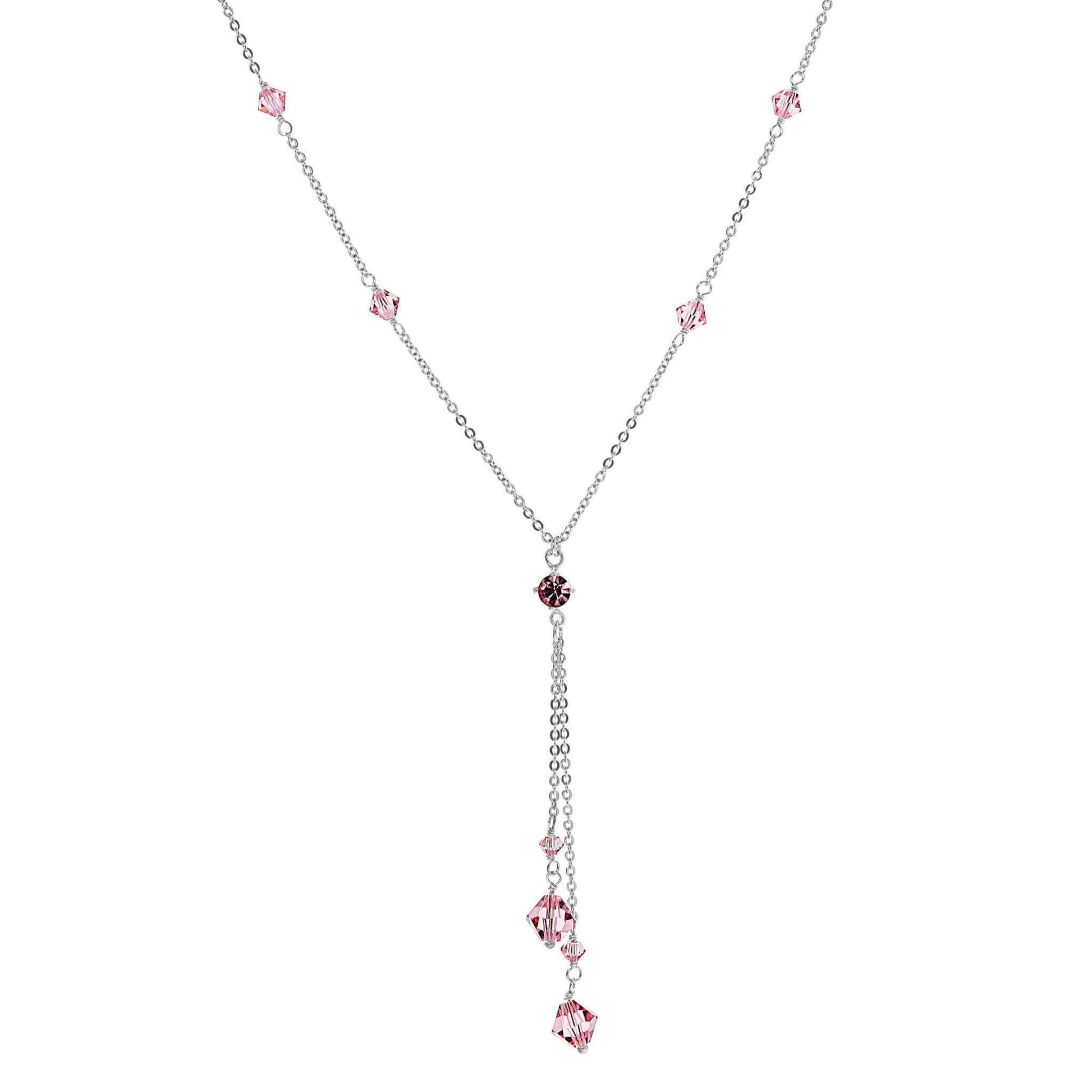 A pink crystal y-necklace displayed on a neutral white background.