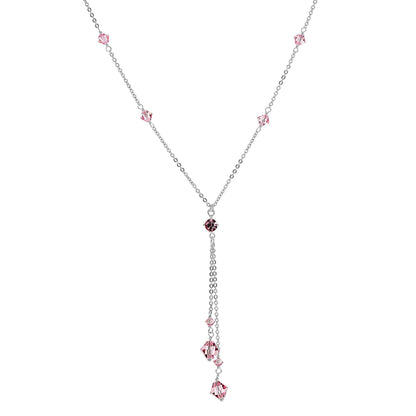 A pink crystal y-necklace displayed on a neutral white background.