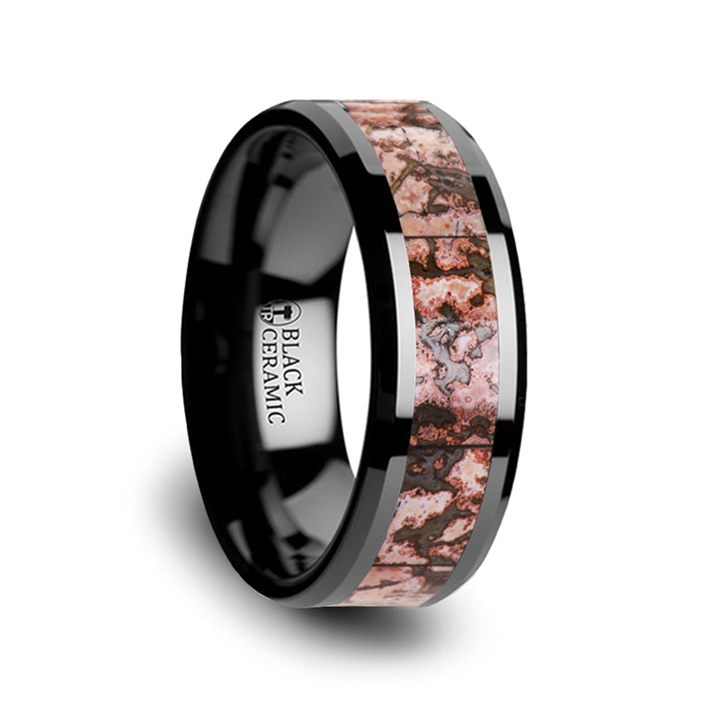 Pink Dinosaur Bone Inlaid Black Ceramic Couple's Matching Wedding Band Set