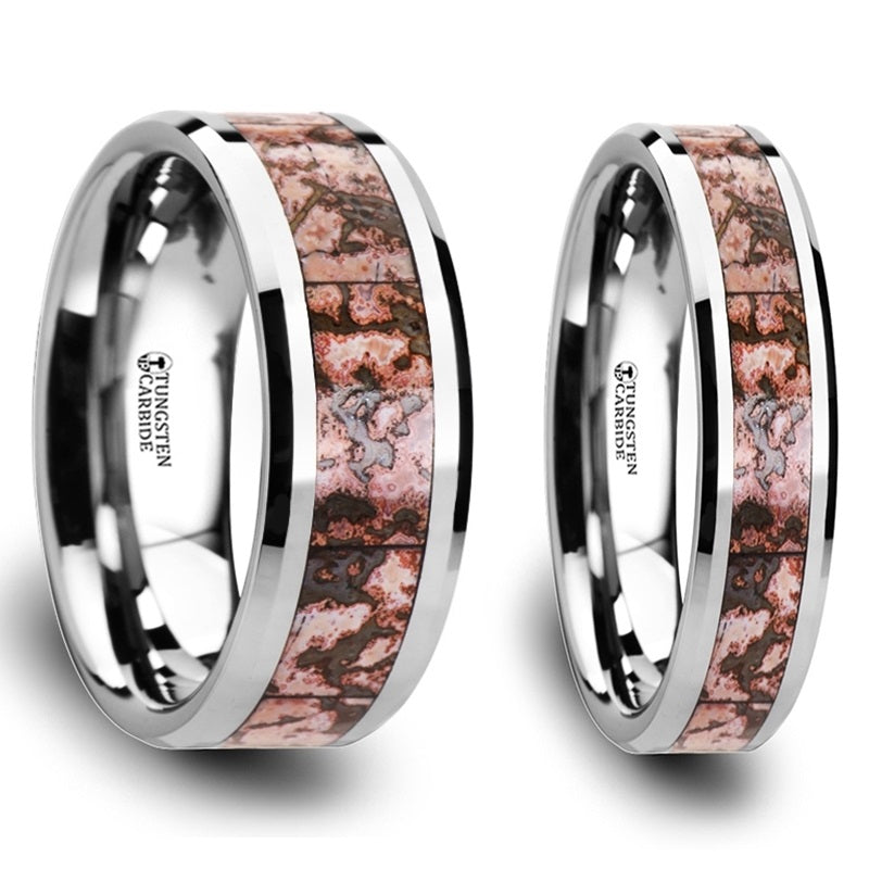 Pink Dinosaur Bone Inlaid Tungsten Carbide Couple's Matching Wedding Band Set
