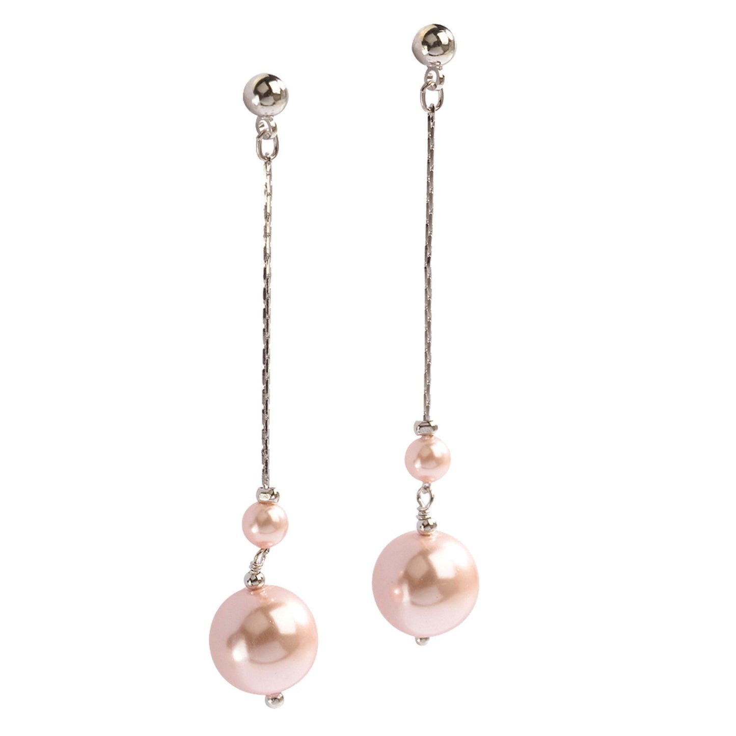 A pink glass pearl drop earrings displayed on a neutral white background.