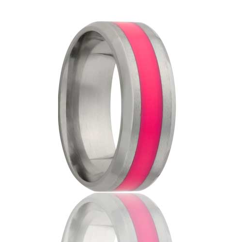 Pink Stripe Inlay Titanium Wedding Band with Beveled Edges