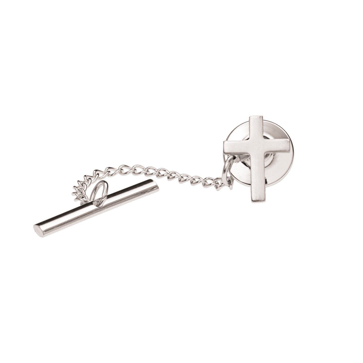 A plain cross tie tack displayed on a neutral white background.
