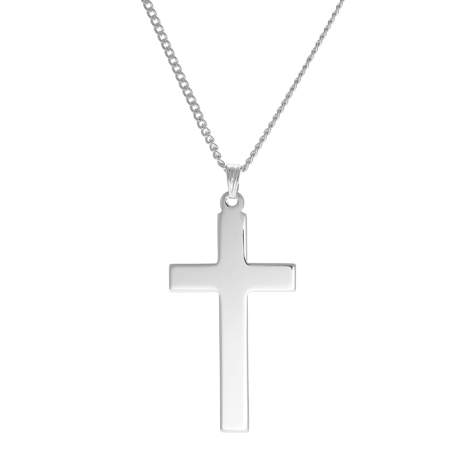 A plain polished cross necklace displayed on a neutral white background.