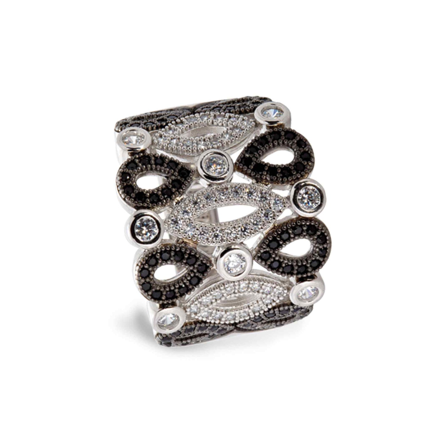 A platinum & black sterling silver art deco ring with 136 simulated diamonds displayed on a neutral white background.
