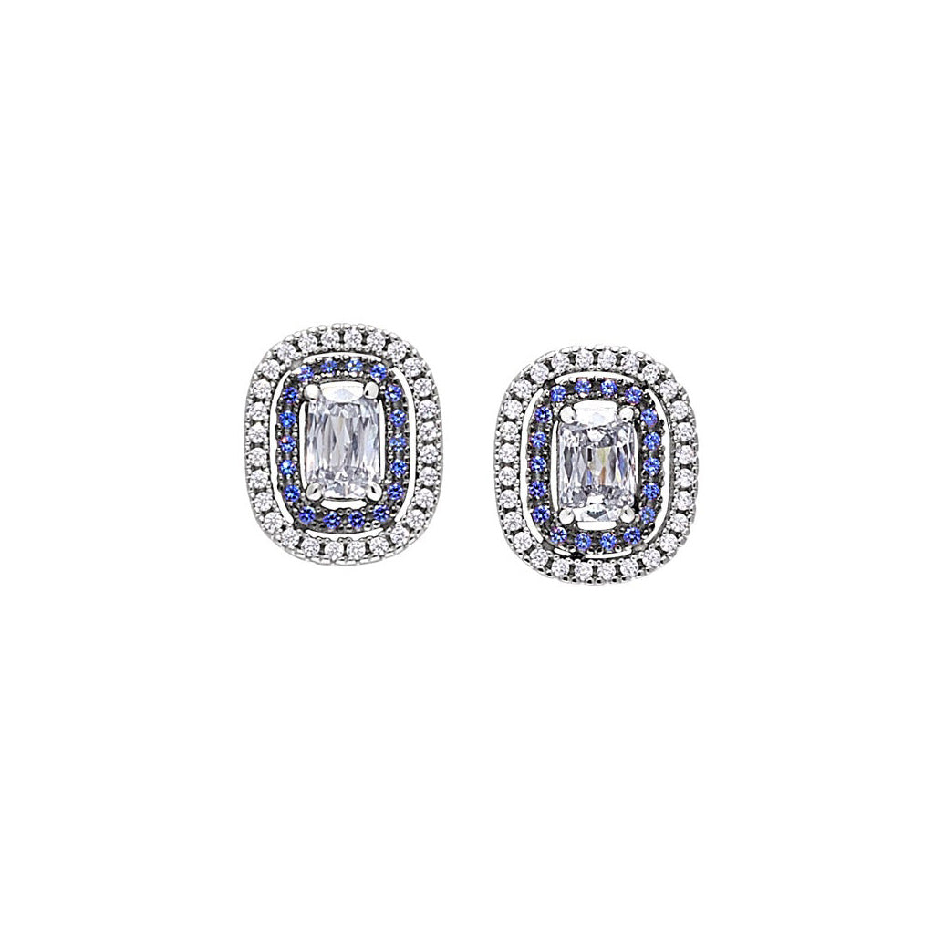 A platinum and black sterling silver earrings with synthetic blue sapphire and simulated diamonds displayed on a neutral white background.