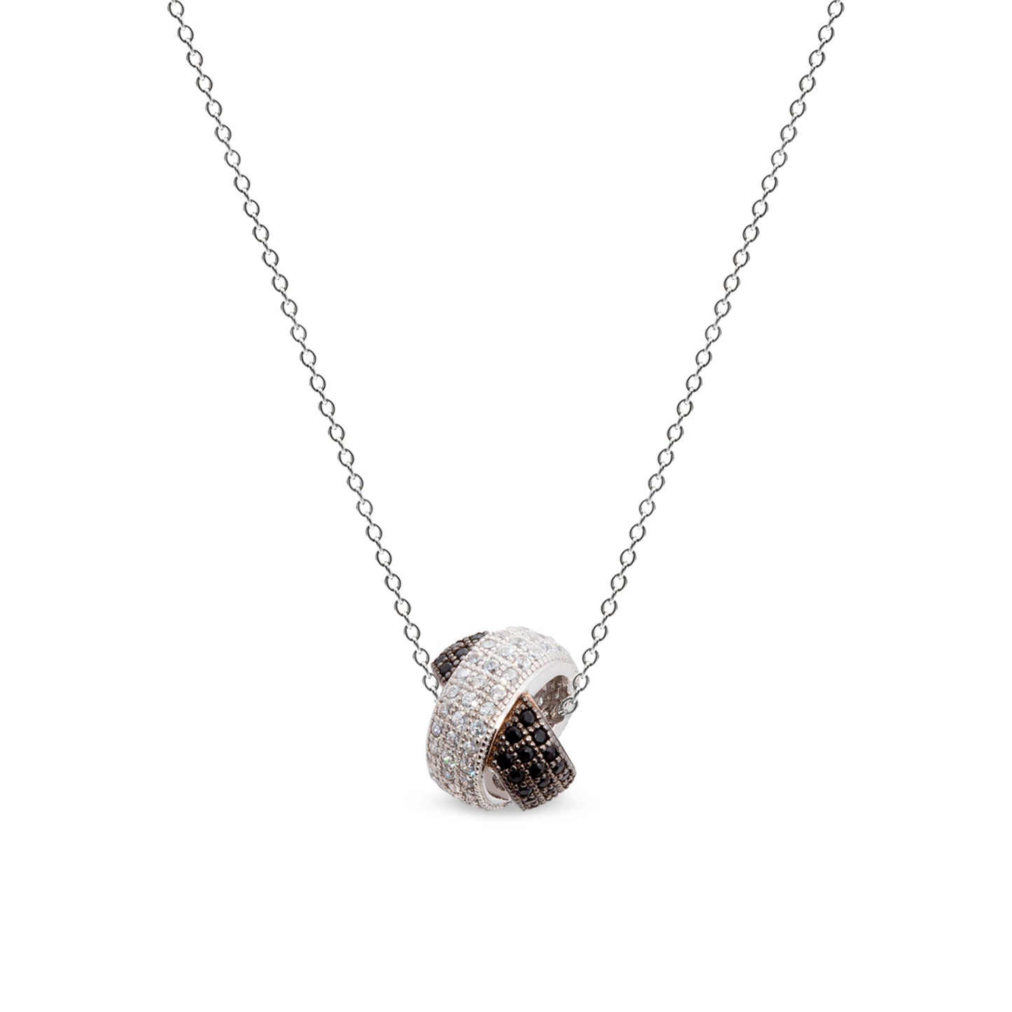 A platinum & black sterling silver kiss pendant with simulated diamonds displayed on a neutral white background.