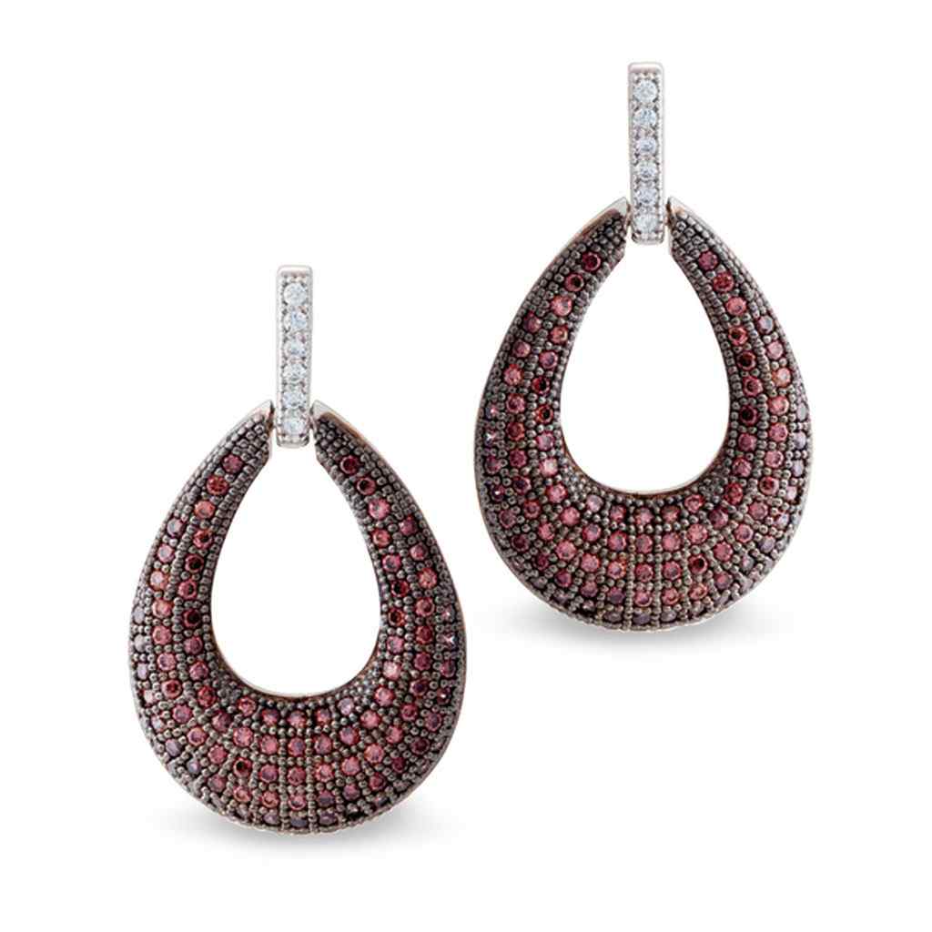 A platinum & black sterling silver two tone teardrop earrings with brown simulated diamonds displayed on a neutral white background.