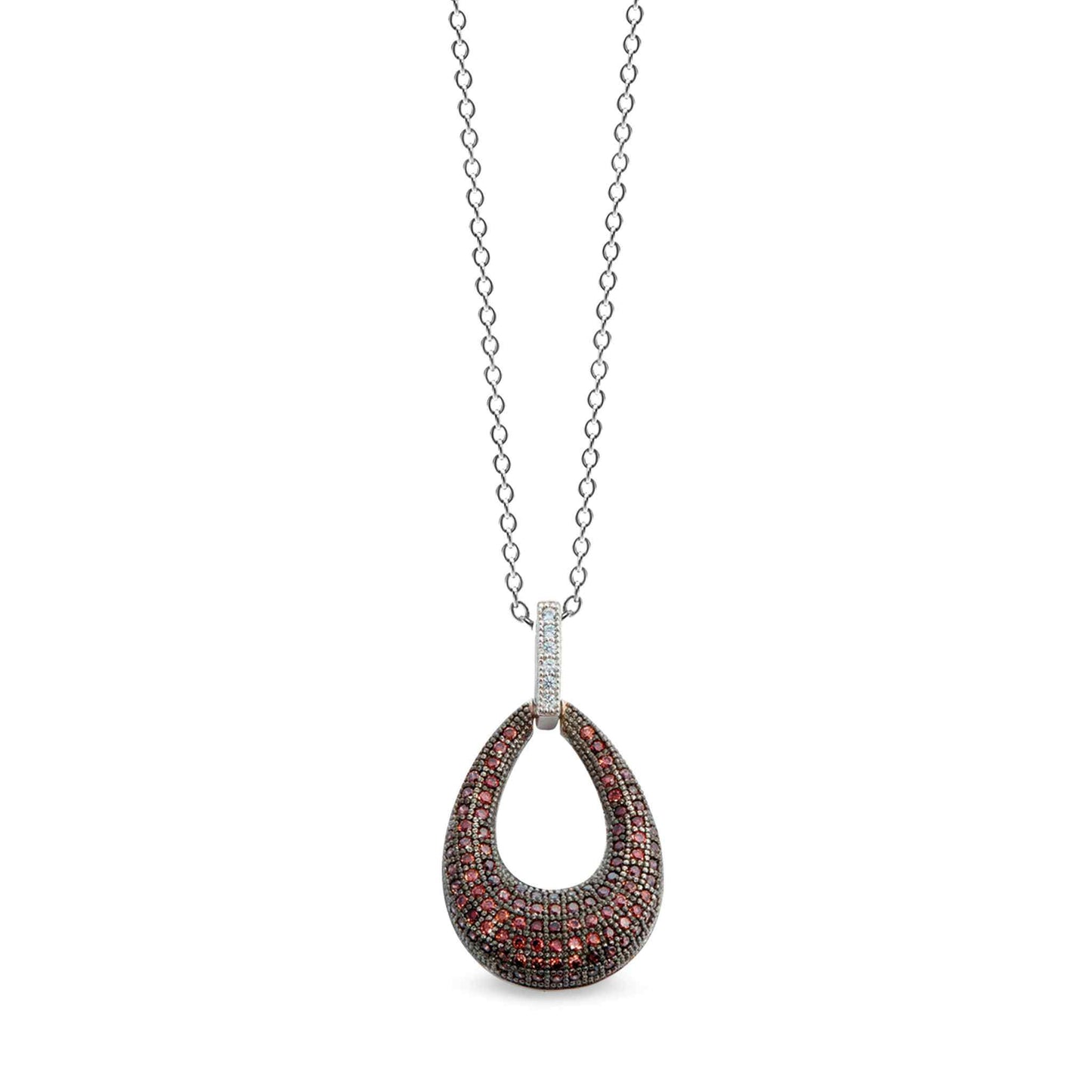 A platinum & black sterling silver two tone teardrop pendant with brown simulated diamonds displayed on a neutral white background.