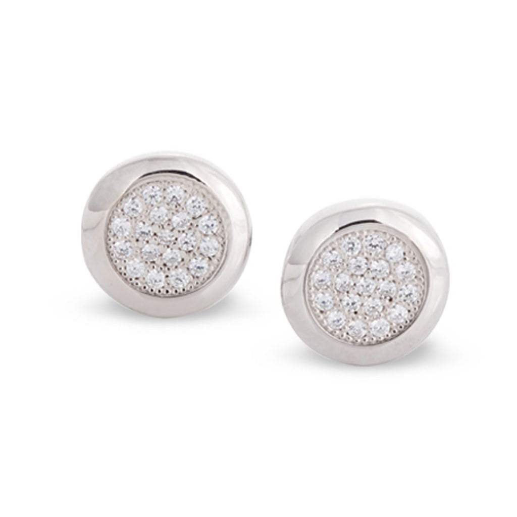 A platinum finish sterling round earrings with 38 simulated diamonds displayed on a neutral white background.