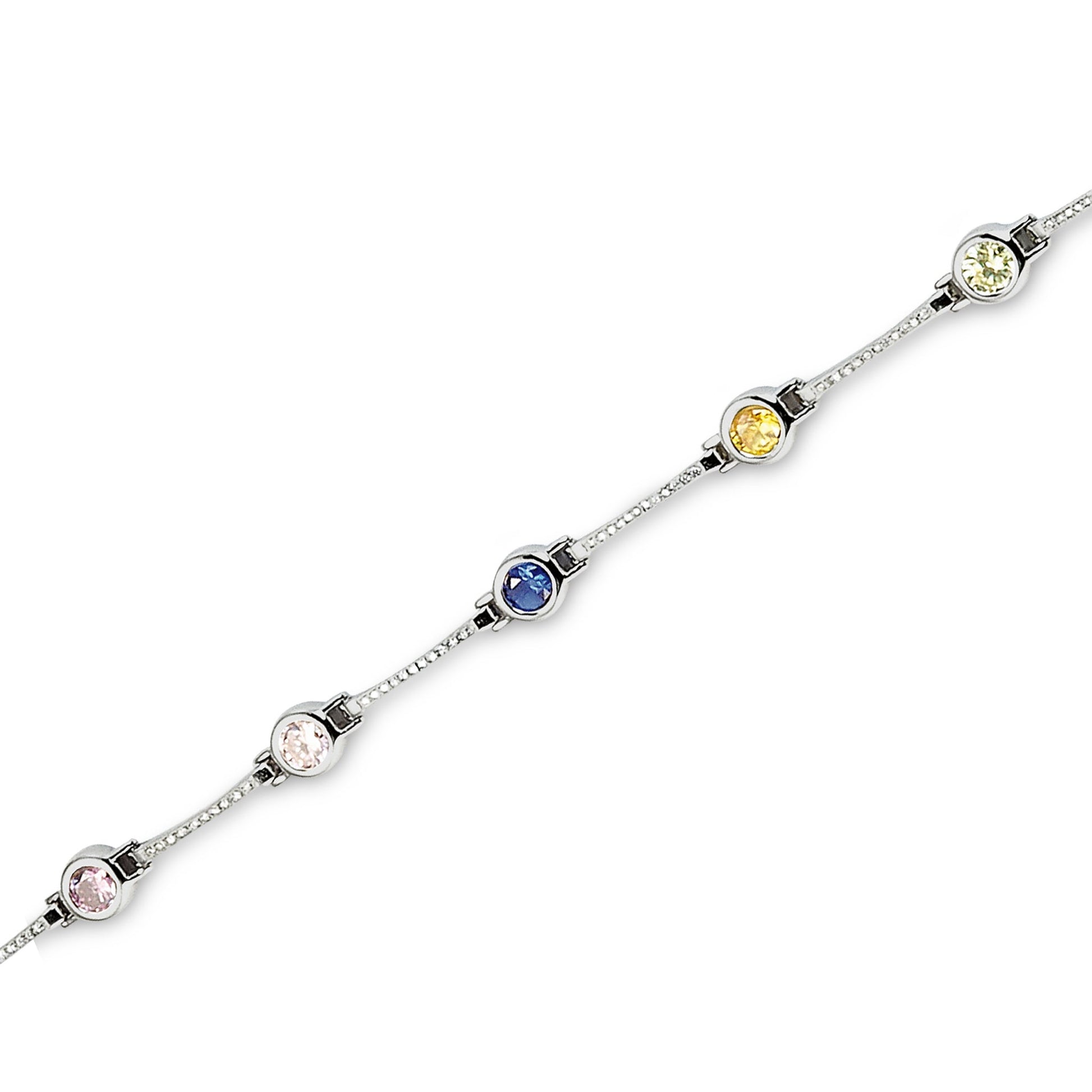 A platinum finished sterling silver bracelet with simulated diamonds and facet cut multicolored stones displayed on a neutral white background.
