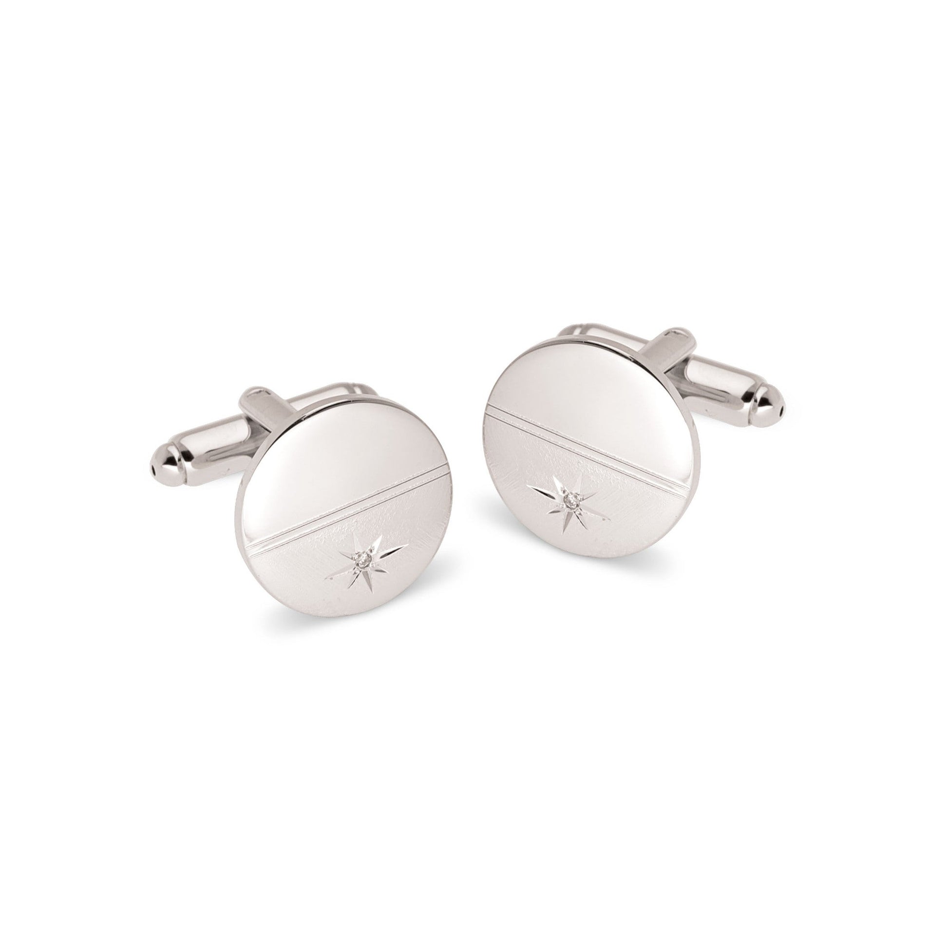 A polished florentine finish cufflinks with .01ctw genuine diamond displayed on a neutral white background.
