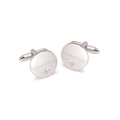 A polished florentine finish cufflinks with .01ctw genuine diamond displayed on a neutral white background.