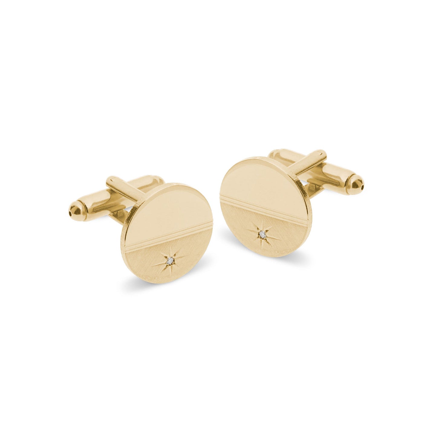 A polished florentine finish cufflinks with .01ctw genuine diamond displayed on a neutral white background.