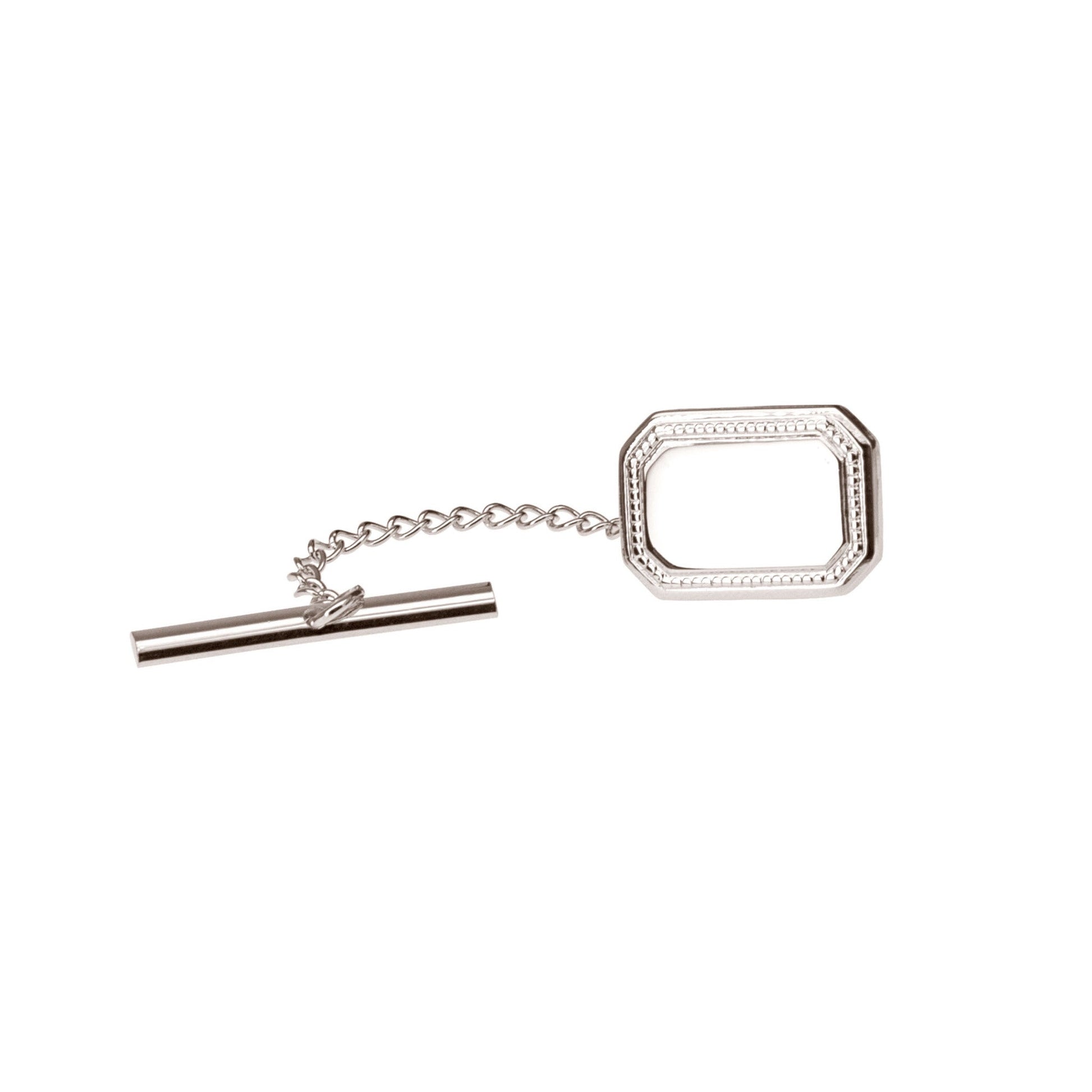 A polished rectangle tie tack displayed on a neutral white background.