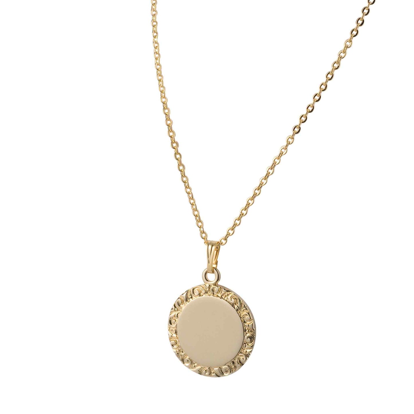 A polished round filigree pendant displayed on a neutral white background.