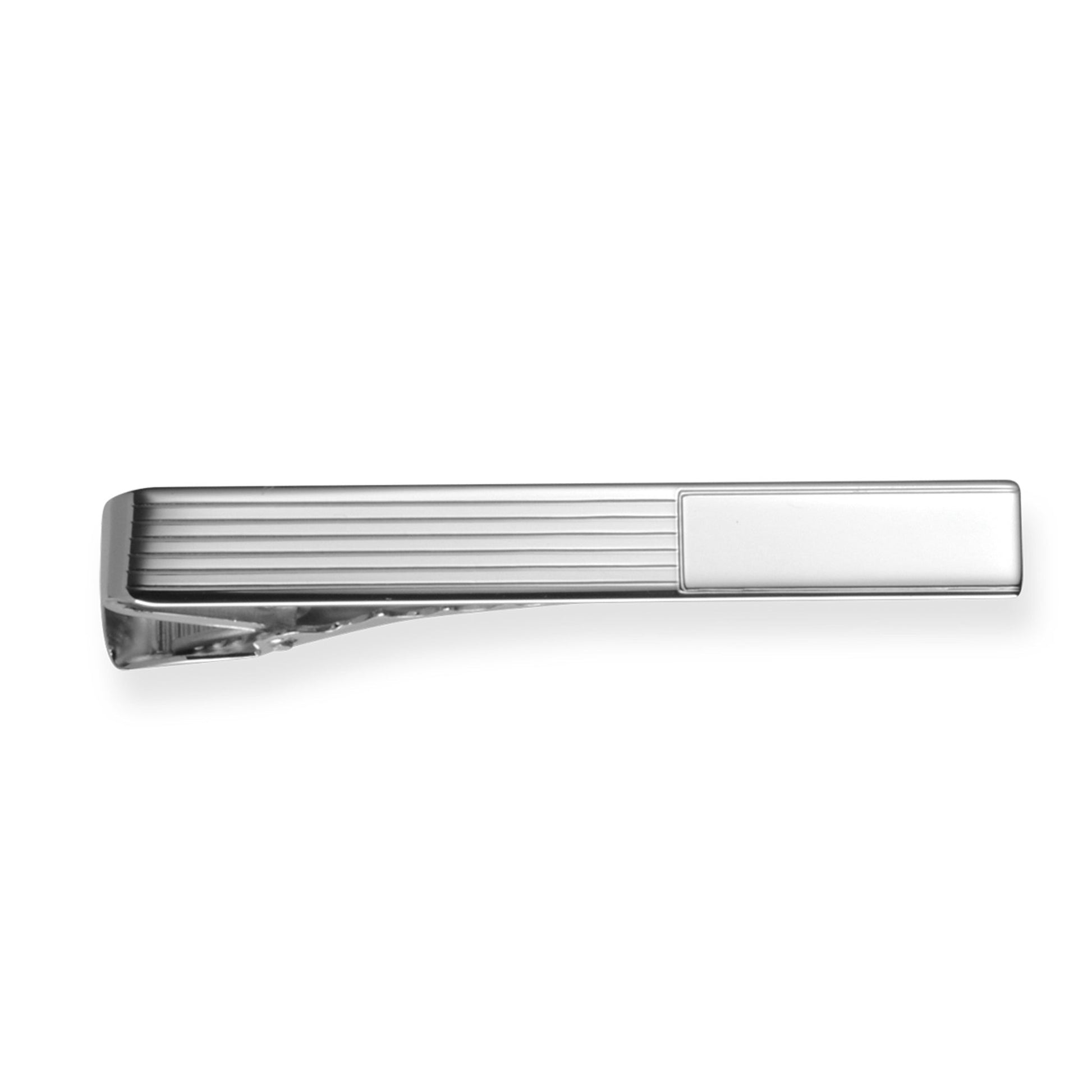 A polished sterling silver engine-turned tie bar displayed on a neutral white background.