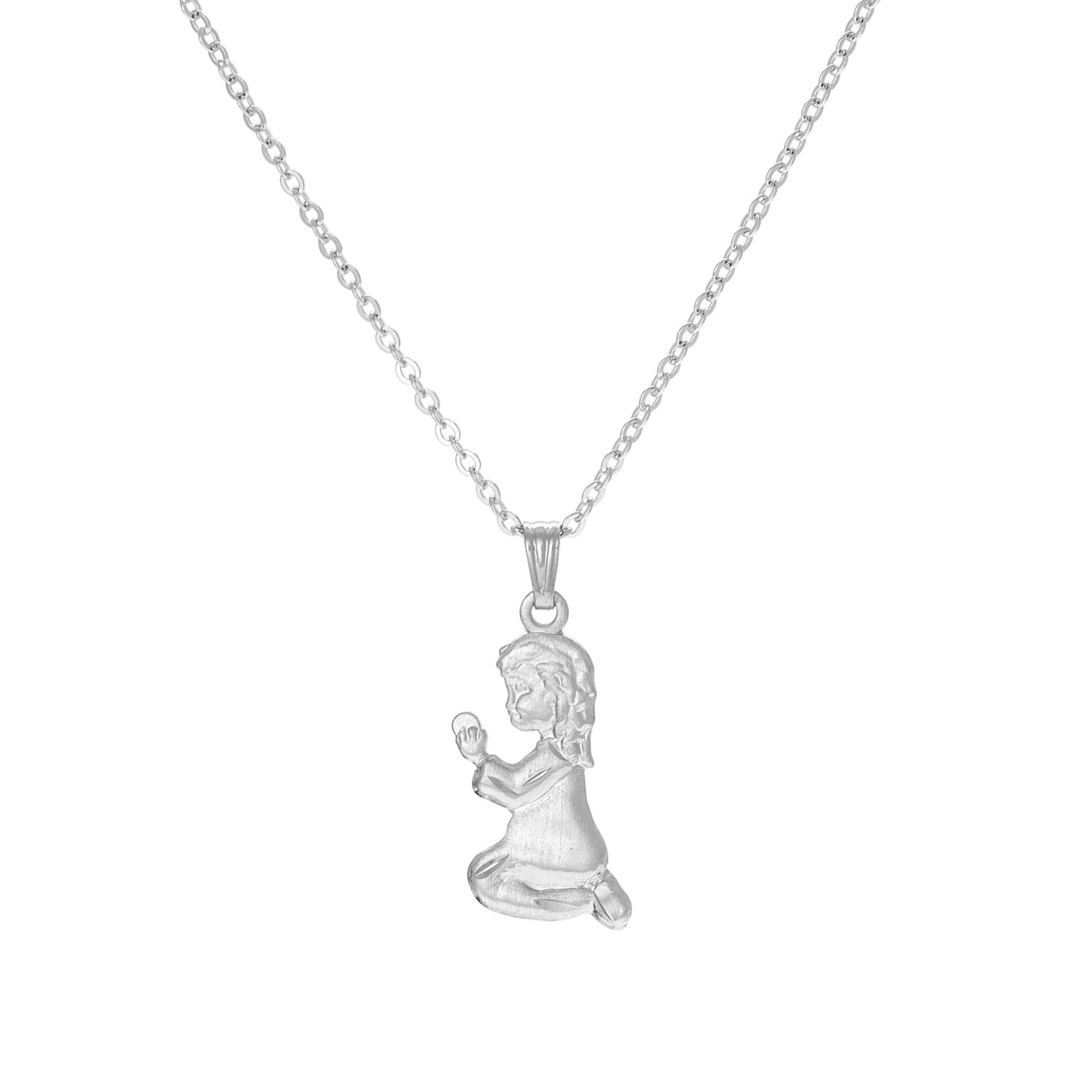 A praying child necklace displayed on a neutral white background.