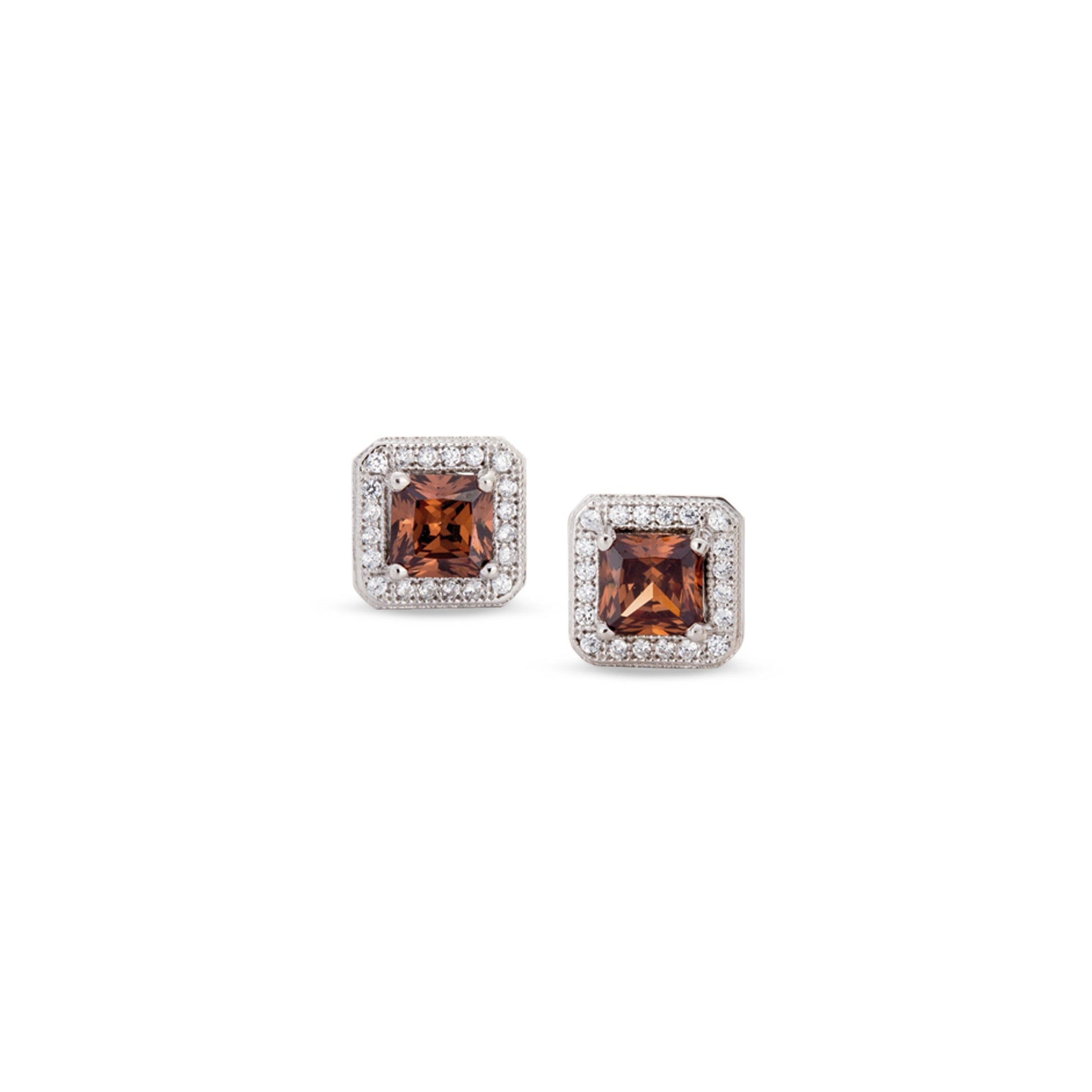 A princess cut brown earrings with simulated diamonds displayed on a neutral white background.