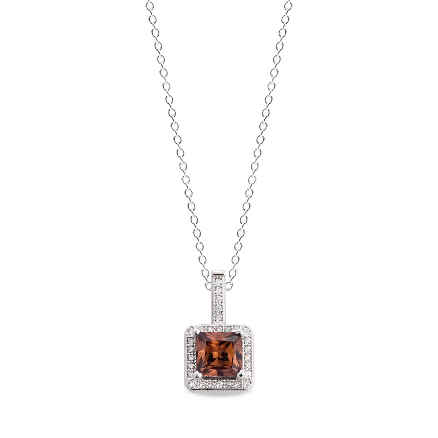 A princess cut brown pendant with simulated diamonds displayed on a neutral white background.