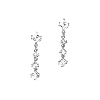 A princess cut simulated diamond drop earrings displayed on a neutral white background.