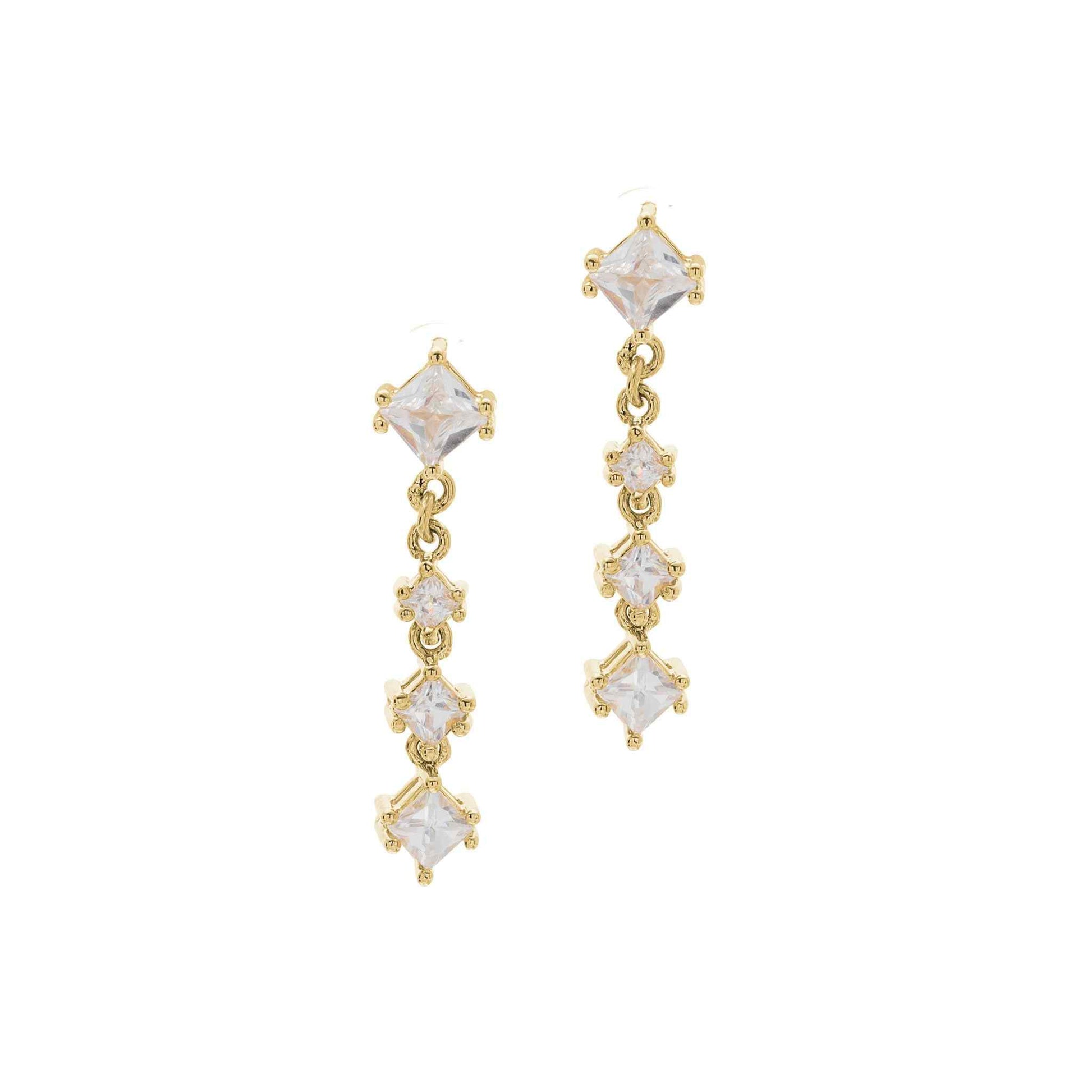 A princess cut simulated diamond drop earrings displayed on a neutral white background.