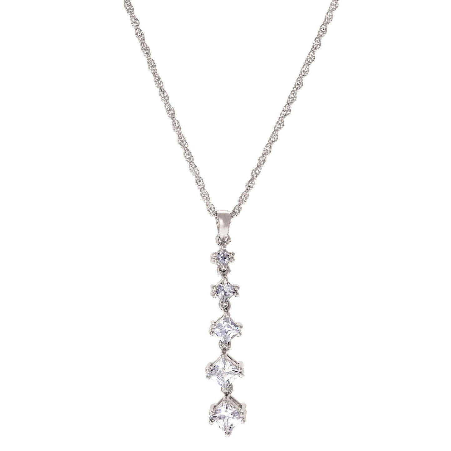 A princess cut simulated diamond journey necklace displayed on a neutral white background.