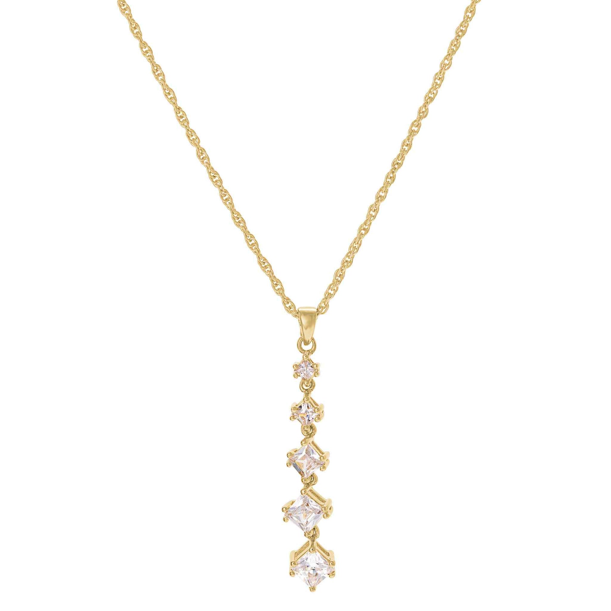 A princess cut simulated diamond journey necklace displayed on a neutral white background.